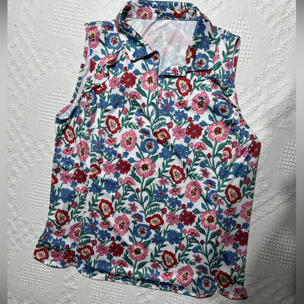 Vineyard Vines Tisberry Floral print performance tank with ruffle detail- large